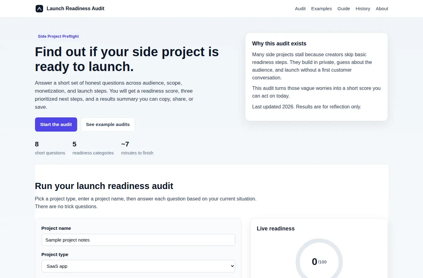 Screenshot of Side Project Launch Readiness Audit interface showing the project page in use
